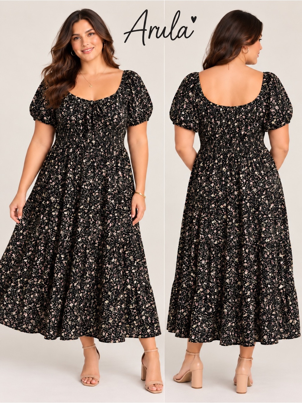 Arula Black Floral Puff Sleeve Midi Dress Size X 10–12